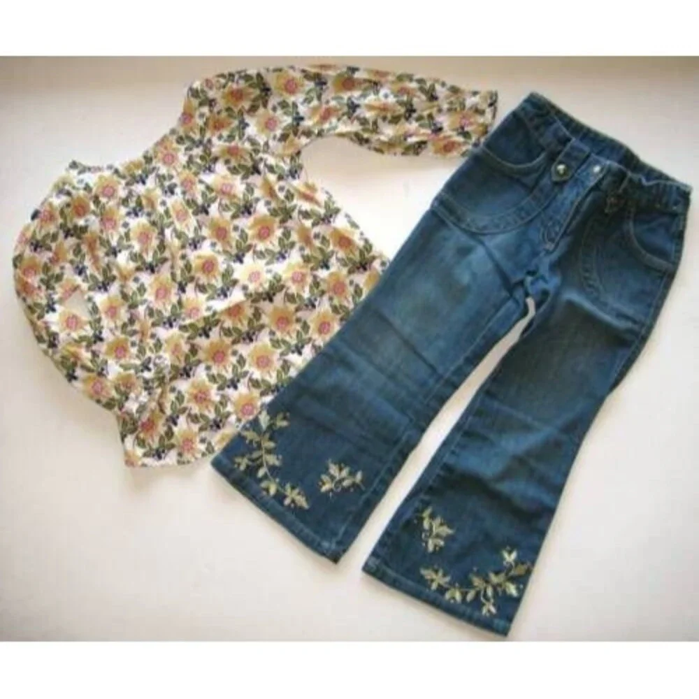 Gymboree kid girls outfit 5 jeans shirt royal gardens equestrian flower top pant